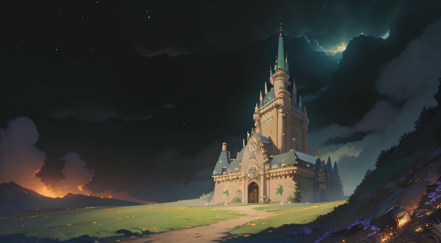 (Beauty and the beast, ghibli style, 8K), beauty and the beast, ruin, castle, background, enviorement, Dramatic, hayao miyazaki, studio ghibli, anime, best Lightning, dark enviorenment
