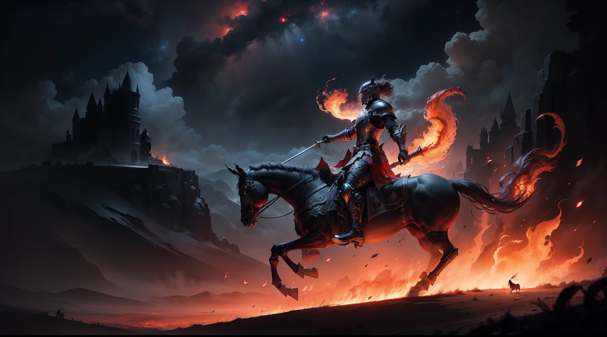 black knight riding a flaming horse, battlegrounds, starry red sky, dead knights, medieval fantasy, epic dreamlike fantasy, 4k highly detailed digital art, 4k hd matte digital painting