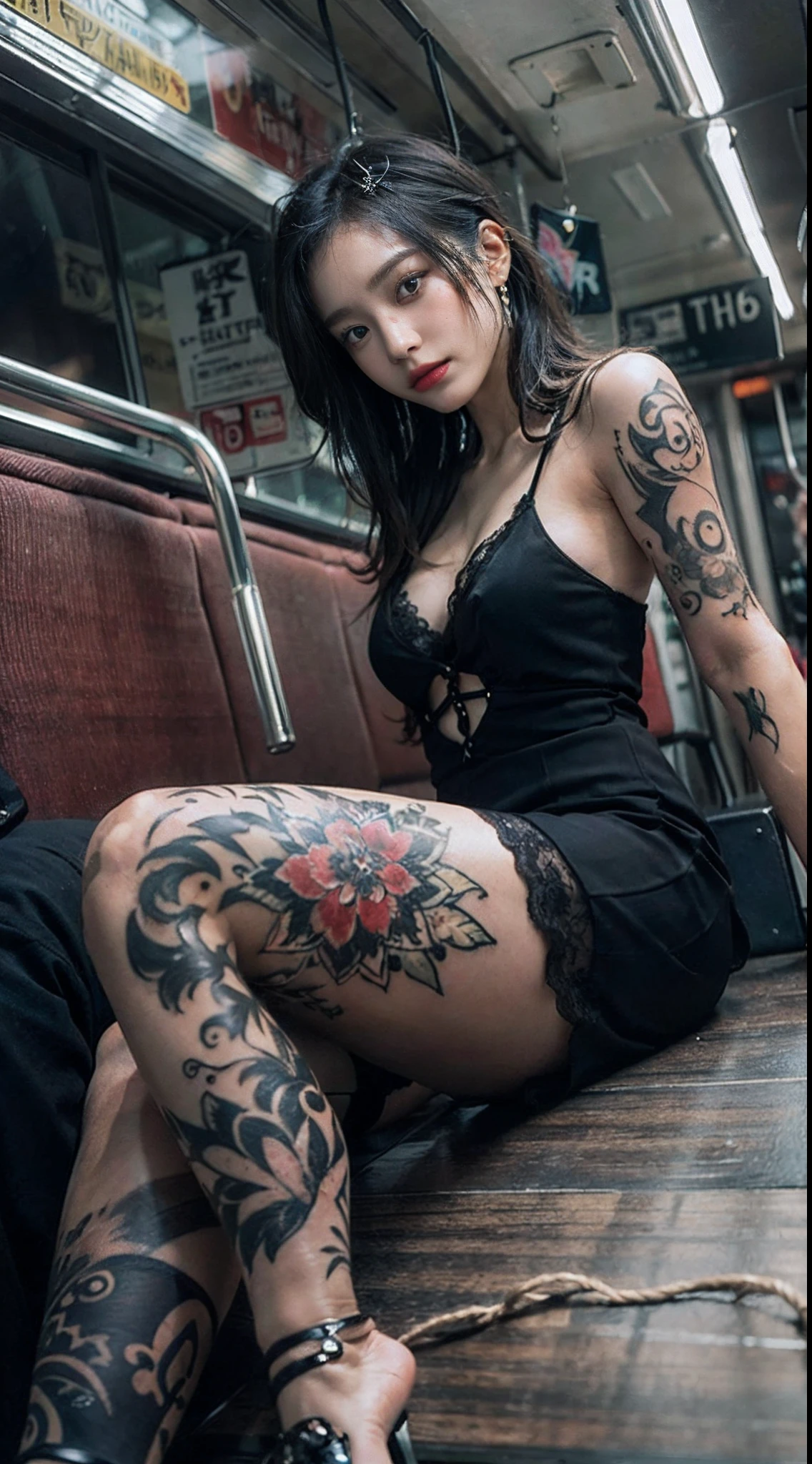 (full bodyesbian:1.5),((Girl):1.4),(view the viewer:1.4),(anatomy correct:1.3),(sitting on a bus:1.2),(Black sexy lace V-neck dress :1.2),((Black stockings):1.3),( Girls pointed-toe thick heels :1.1),(foot ring:1.3),(Accurate and perfect face:1.3),(Tattoos with a large area of the whole body,tattoos on the arms,Tattoo on the chest,leg tattoos),hyper HD, Ray traching, reflective light, structurally correct, Award-Awarded, High detail, Fade-in and fade-out shadow contrast, Face lighting ,Cinematic lighting, Masterpiece, super detailing, High quality, High detail, Best quality, 16k,High contrast,