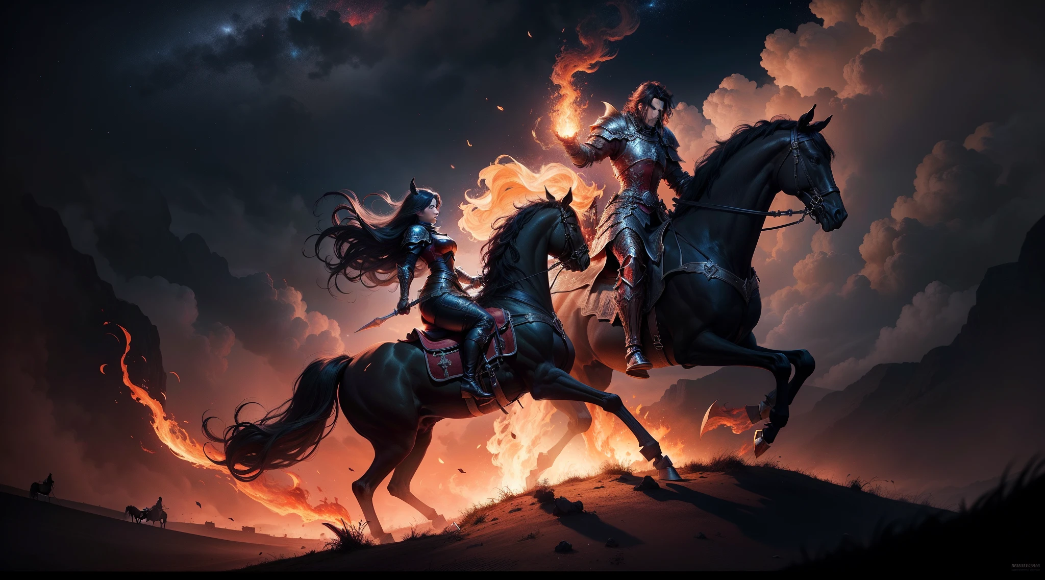 black knight riding a flaming horse, battlegrounds, starry red sky, dead knights, medieval fantasy, epic dreamlike fantasy, 4k highly detailed digital art, 4k hd matte digital painting