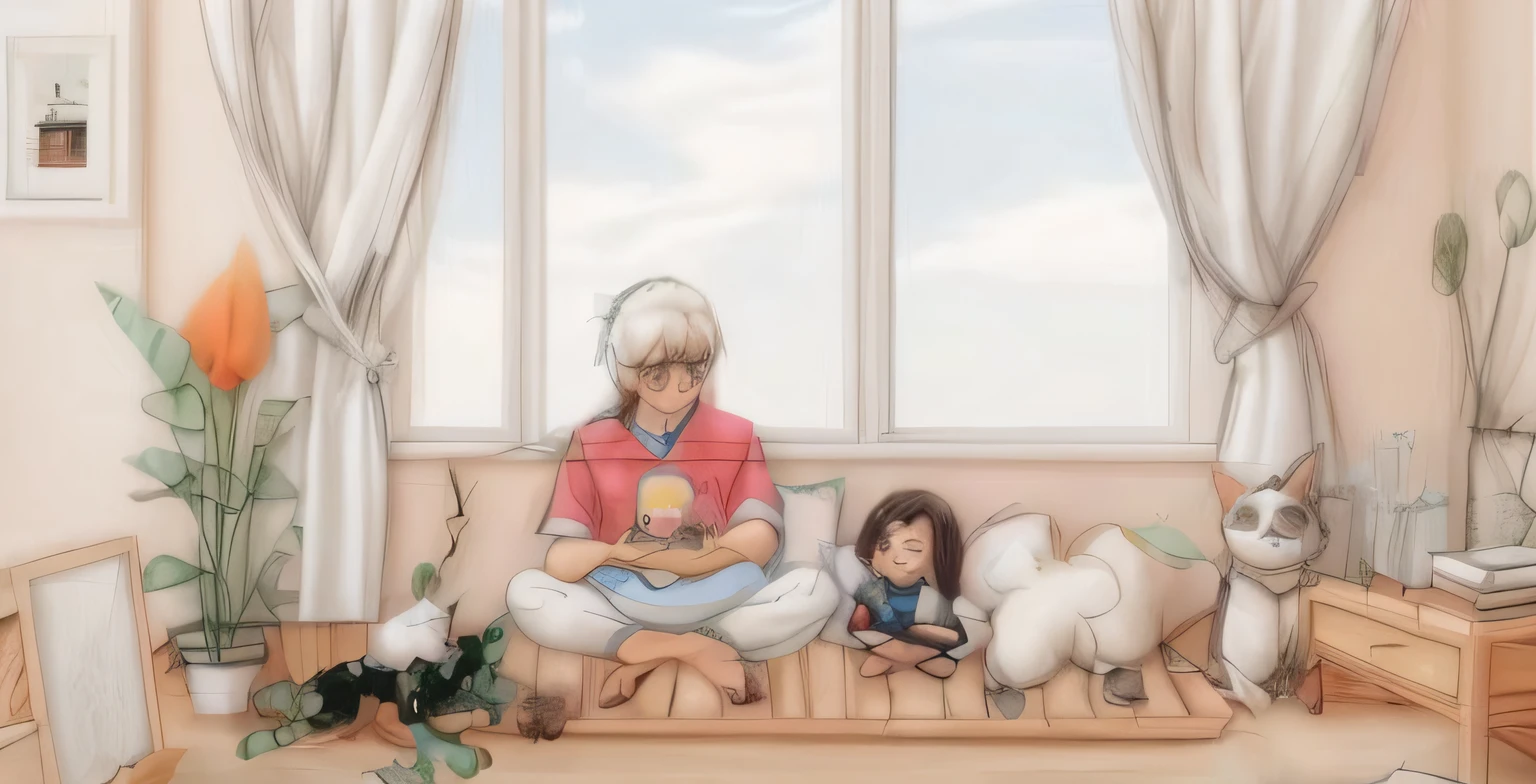 There was a woman sitting on the floor,There is a cat and two dogs, Fan art, afternoon hangout, Fanart ", High-quality fanart, style in ghibli anime style, ghibli studio anime style, future!!, author:hiyao miyazaki, style of anime》, lonely family, ghibli artstyle, studio ghibli sunlight, author:New Art, studio ghibli filter, official fanart,ultraclear,8k