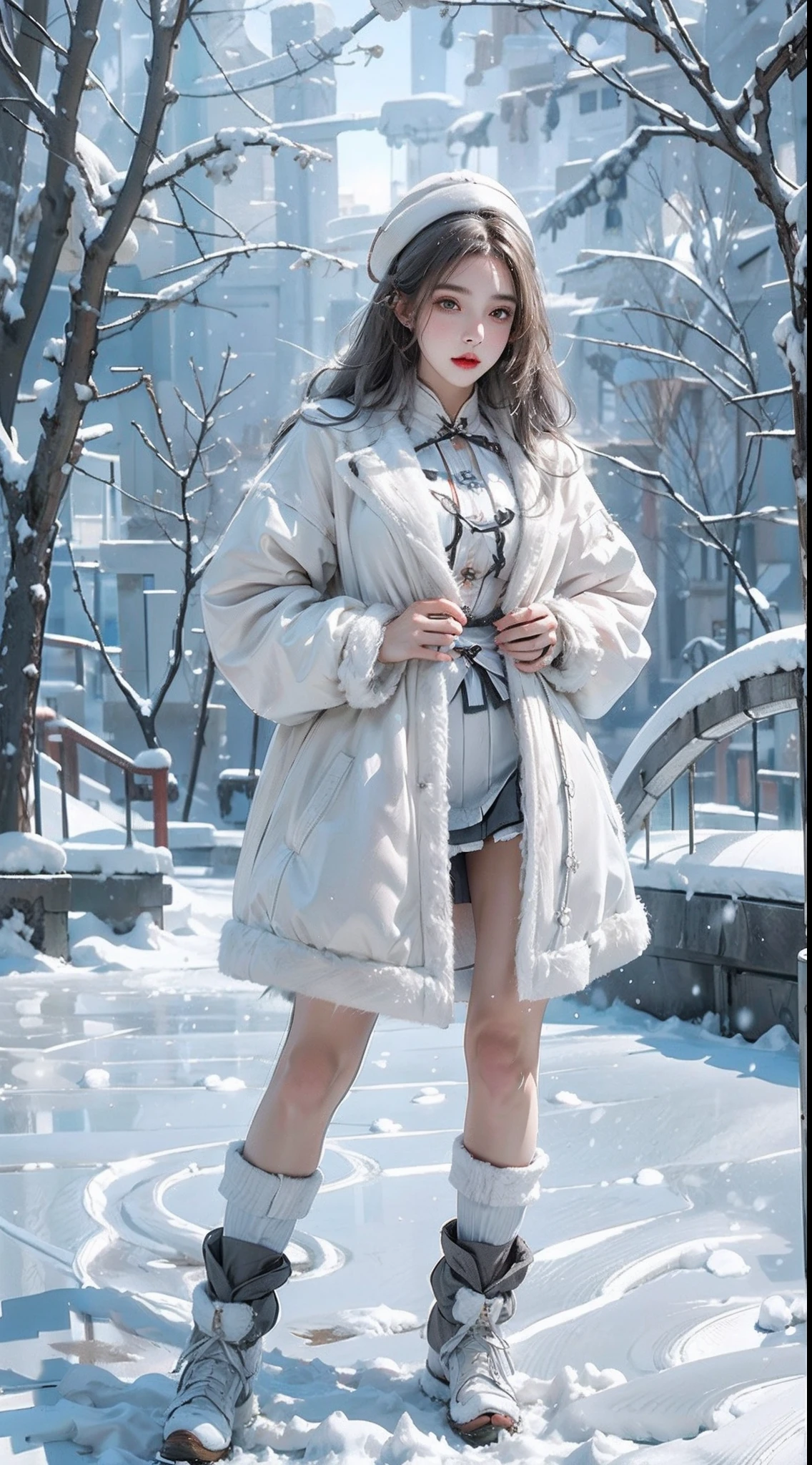 photorealistic, high resolution, soft light,1women, solo, hips up, shining skin, (detailed face), tattoo, White plush coat)),(Bright Lolita costume),(short skirt),(Heavy snow:1.5,snow cover