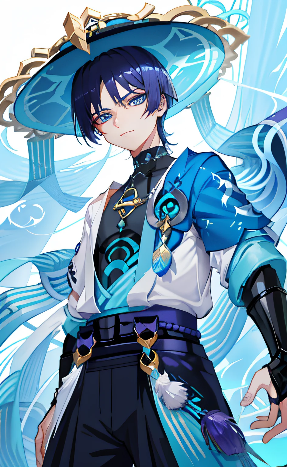 Wanderer Genshin Impact, wearing no shirt, with defined abdomen, face detailed, cute sexy