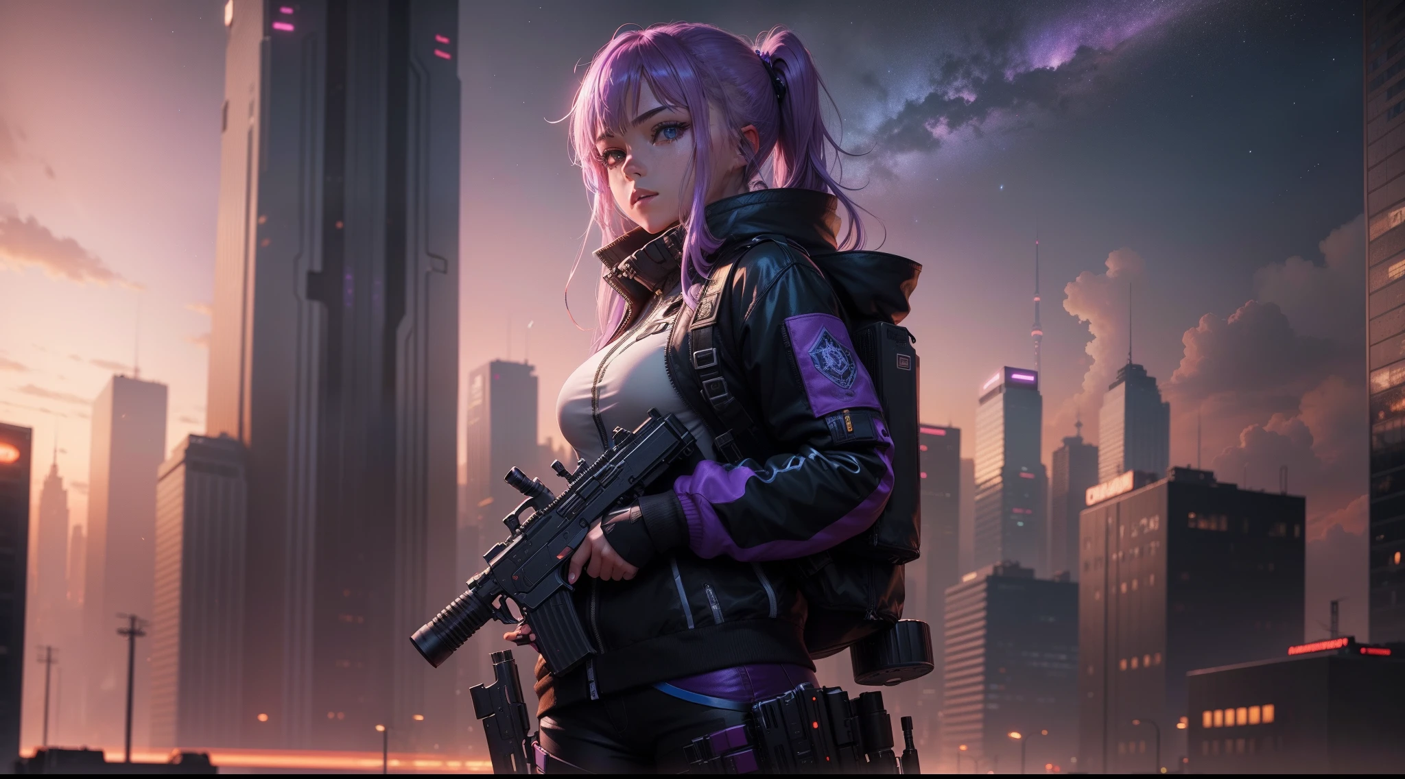 (extremely detailed CG unity 8k wallpaper), full shot photo of the most beautiful artwork illustration ,character, girl with a gun, cyberpunk city, with a purple sunset, starry sky, aurora.