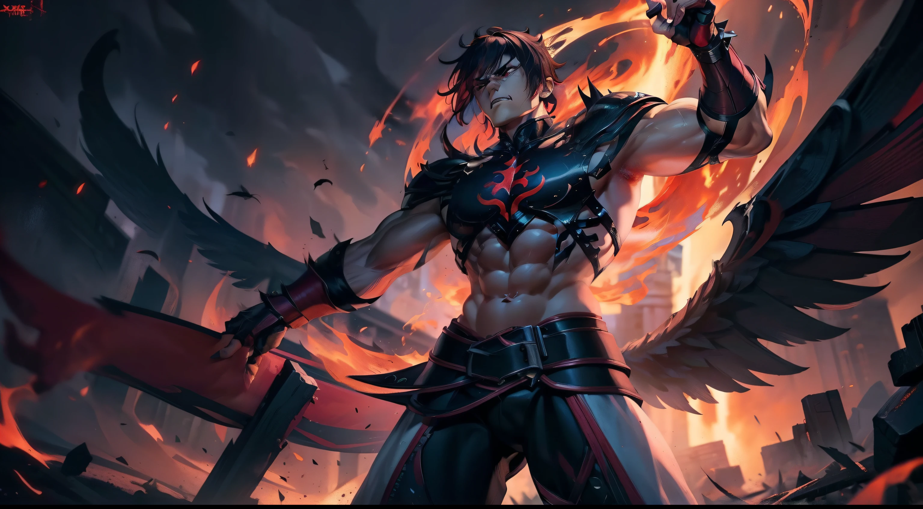 (extremely detailed 8k wallpaper) masculine man, handsome face, fallen angel, black wings, torn wings, red eyes, deadly stare, black gold armor, full of rage, chaos, red hair, muscular, has a gloomy aura, his figure transmits rage and revenge, dramatic, flat background color, riot games style, high detail, sharp focus