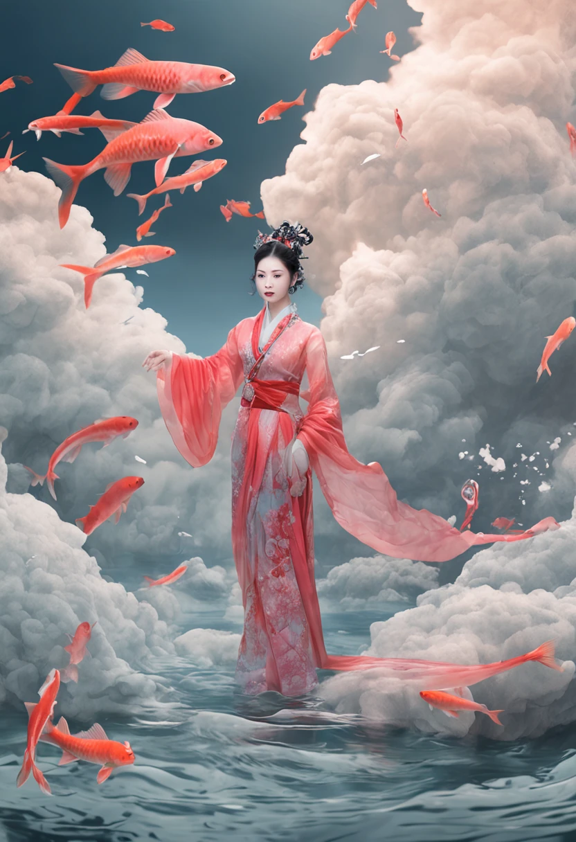 An inky white painting,The painting depicts a lady in an old red dress,There is a huge pink goldfish in the clouds, Made of fog, Dark white and pink, In the style of Li Shuxing, shilin huang, Talented people, Ethereal form, gigantic scale, Elegant and balanced, Doubleexposure, Cloud effects:1.5,elevation,Faraway view,super detailing,best qualtiy,tmasterpiece,8K,Extremely detailed,Epic artwork,(Numerous award-winning masterpieces of, With incredible details, textures and maximum detail), (Full body view:1.6), (Ultra photo realsisim:1.4), (Realistic:1.3), (best quality real texture skin), (((In water))), (abyssal:1.5), (Dark sea at night:1.6), (Fine true circle Symmetrical eyes), finerly detailed face, ((medieval world)), (Full body view:1.6), ((mermaid)),(Burning bright and cold eyes), (She has a mischievous smile on her face), (Shipwrecks and treasures:1.4)(Eyes that glow blue in the dark:1.5), (A pair of ice blue eyes,A strong blue light emits from the inside:1.5), (Bio-luminescence:1.5), (Full body view:1.6), (Whirlpool water and tidal currents in the background), (Dramaticlight), (A majestic sight), (Her countenance is gentle and beautiful), (Silver hair) (Full body view:1.6), ((head looking up)), ((Looking down)), (Bio-luminescence,Brilliant light:1.3), (Use gorgeous hydraulic magic:1.2), (Beautiful fish around), (Luminous magic circle:1.5), (Full body view:1.6), epic realistic, Faded, Girly art, (greg rutkovsky:0.8), (Teal and orange:0.4), (Art Station:1.5), Cinematic, ((com cores neutras)), (hdr:1.5), (pastel colour:1.2), ultra - detailed, Dramaticlight, (Intricate details:1.1)