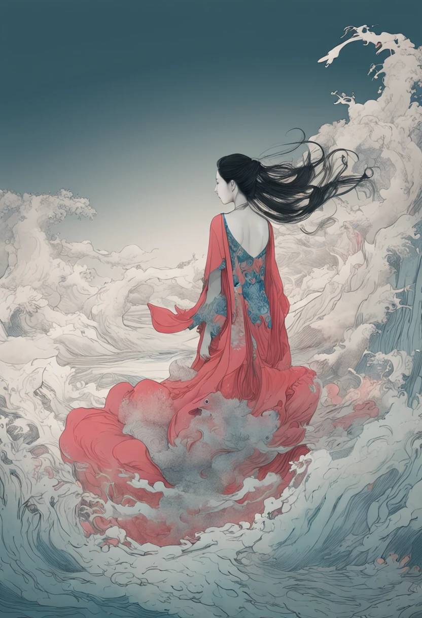 An inky white painting，The painting depicts a lady in an old red dress，There is a huge pink goldfish in the clouds, Made of fog, Dark white and pink, In the style of Li Shuxing, shilin huang, Talented people, Ethereal form, gigantic scale, Elegant and balanced, Doubleexposure, Cloud effects：1.5，elevation，Faraway view，super detailing，best qualtiy，tmasterpiece，8K，Extremely detailed，Epic artwork，(Numerous award-winning masterpieces of, With incredible details, textures and maximum detail), (Full body view:1.6), (Ultra photo realsisim:1.4), (Realistic:1.3), (best quality real texture skin), (((In water))), (abyssal:1.5), (Dark sea at night:1.6), (Fine true circle Symmetrical eyes), finerly detailed face, ((medieval world)), (Full body view:1.6), ((mermaid)),(Burning bright and cold eyes), (She has a mischievous smile on her face), (Shipwrecks and treasures:1.4)(Eyes that glow blue in the dark:1.5), (A pair of ice blue eyes，A strong blue light emits from the inside:1.5), (Bio-luminescence:1.5), (Full body view:1.6), (Whirlpool water and tidal currents in the background), (Dramaticlight), (A majestic sight), (Her countenance is gentle and beautiful), (Silver hair) (Full body view:1.6), ((head looking up)), ((Looking down)), (Bio-luminescence，Brilliant light:1.3), (Use gorgeous hydraulic magic:1.2), (Beautiful fish around), (Luminous magic circle:1.5), (Full body view:1.6), epic realistic, Faded, Girly art, (greg rutkovsky:0.8), (Teal and orange:0.4), (Art Station:1.5), Cinematic, ((com cores neutras)), (hdr:1.5), (pastel colour:1.2), ultra - detailed, Dramaticlight, (Intricate details:1.1)