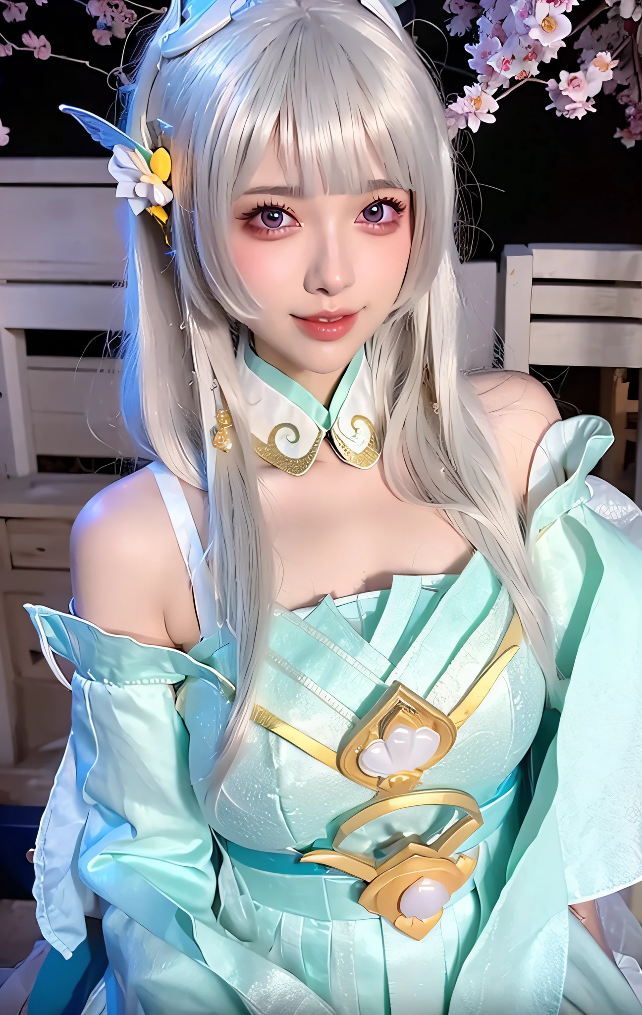 (ulzang-6500-v1.1:0.8),(RAW photo:1.2),((Photorealistic:1.4)),(Upper body),Best quality ,Masterpiece, An extremely delicate and beautiful, Extremely detailed ,CG ,Unity ,8K wallpaper, Amazing, finedetail, Masterpiece,Best quality,offcial art,Extremely detailed Cg Unity 8K wallpaper,absurderes, unbelievable Ridiculous, hugefilesize, Ultra-detailed, A high resolution, Extremely detailed,Beautiful detailed girl, Extremely detailed eyes and face, Beautiful detailed eyes,light in face,Cinematic lighting,1girll,view the viewer,east asian architecture,(The background is blurred out:1.2),Cherry blossoms, Lantern light, Depth of field,