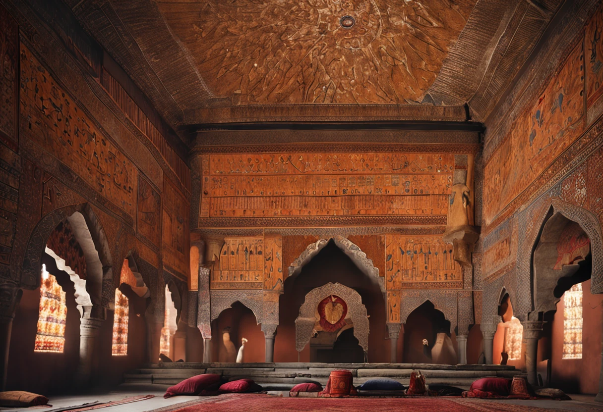 9th-century Arabian People dining and shockingly looking up surprised, inside a giant high-ceiling 9th-century Arabian castle dining room with flags curtains on all sides that have a lion printed on each one of them. a great beautiful lion jumping out of a flag curtain that has a lion printed on it