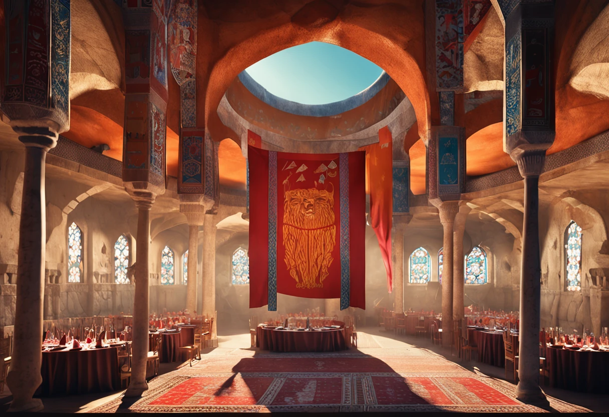 9th-century Arabian People dining and shockingly looking up surprised, inside a giant high-ceiling 9th-century Arabian castle dining room with flags curtains on all sides that have a lion printed on each one of them. a great beautiful lion jumping out of a flag curtain that has a lion printed on it