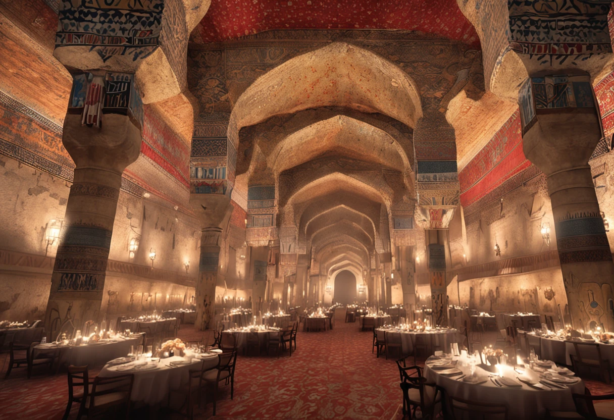 9th-century Arabian People dining and shockingly looking up surprised, inside a giant high-ceiling 9th-century Arabian castle dining room with flags curtains on all sides that have a lion printed on each one of them. a great beautiful lion jumping out of a flag curtain that has a lion printed on it