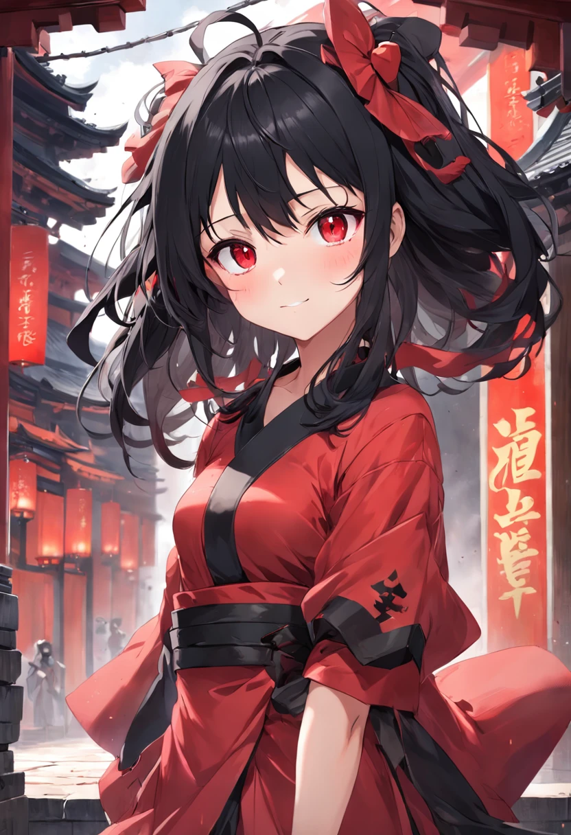 Anime girl smiles, Black hair, Messy hair, Red eyes, Cute face, ,Red costume, Blushing of the face, Ancient architectural background