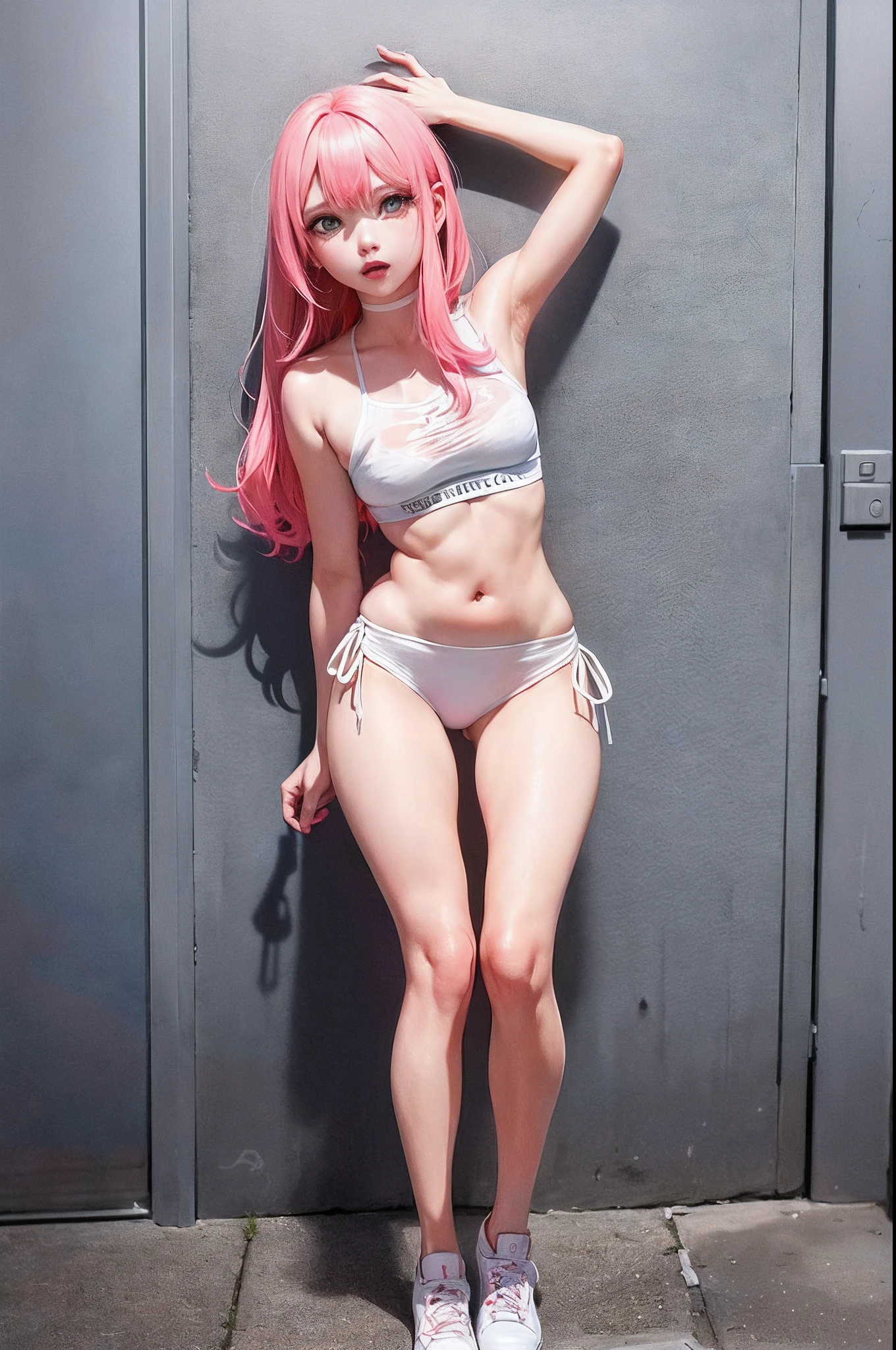 (sozinho), (uma foto RAW de corpo inteiro detalhada de uma ), (master part:1.0), (best quality:1.4), (Ultra Highres:1.2), (fotorrealista:1.4), 8K resolution, Canon EOS R5, 50 millimeters, absurdos, ultra detalhado, (18 anos), foco nítido, Cinematic lighting, rosto bonito detalhado, (maquiagem pesada), (ULZZANG-6500-V1.1), figura pequena, Textura detalhada da pele, pale skin, peito achatado, (pale :0.5), (corpo magro e em forma:1.3), lacuna na coxa, Detalhado cabelo loiro longo, messy hair, (Avril Lavigne:0.7), sorridente, (moda futurista, streetwear, tecidos de alta tecnologia, Fato de corrida, Fireproof material, Cotoveleiras e joelheiras, luvas de corrida:1.1), contrapposto, (Kpop idol), (Pista Azur\), Cityscape, ao ar livre, ((Branco+tema rosa)),