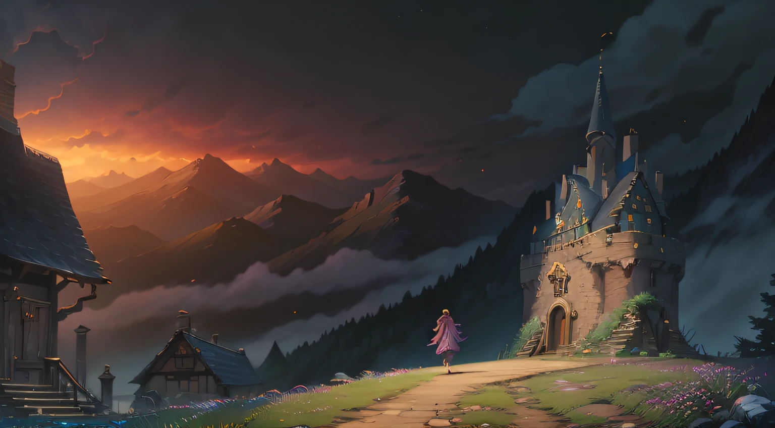 (Beauty and the beast, ghibli style, 8K), beauty and the beast, ruin, castle, background, enviorement, dark forest, Dramatic, hayao miyazaki, studio ghibli, anime, best Lightning, dark enviorenment,