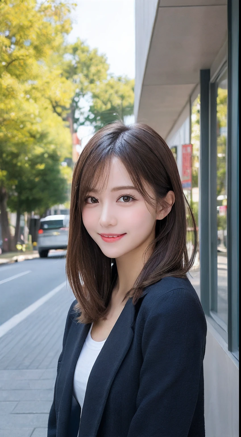 masutepiece, Best quality, illustration, Ultra-detailed, finedetail, A high resolution, 8K wallpaper, Perfect dynamic composition, Beautiful detailed eyes, doress,Medium hair, Mid-chest, Natural color lips, Random and sexy pose,Smile,Aoyama Street Walkway、20 years girl