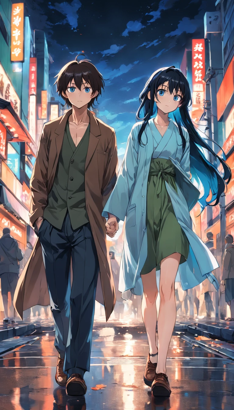 two guys walking down a street in tokyo, having fun, one black hair blue eyes, second brown long hair green eyes