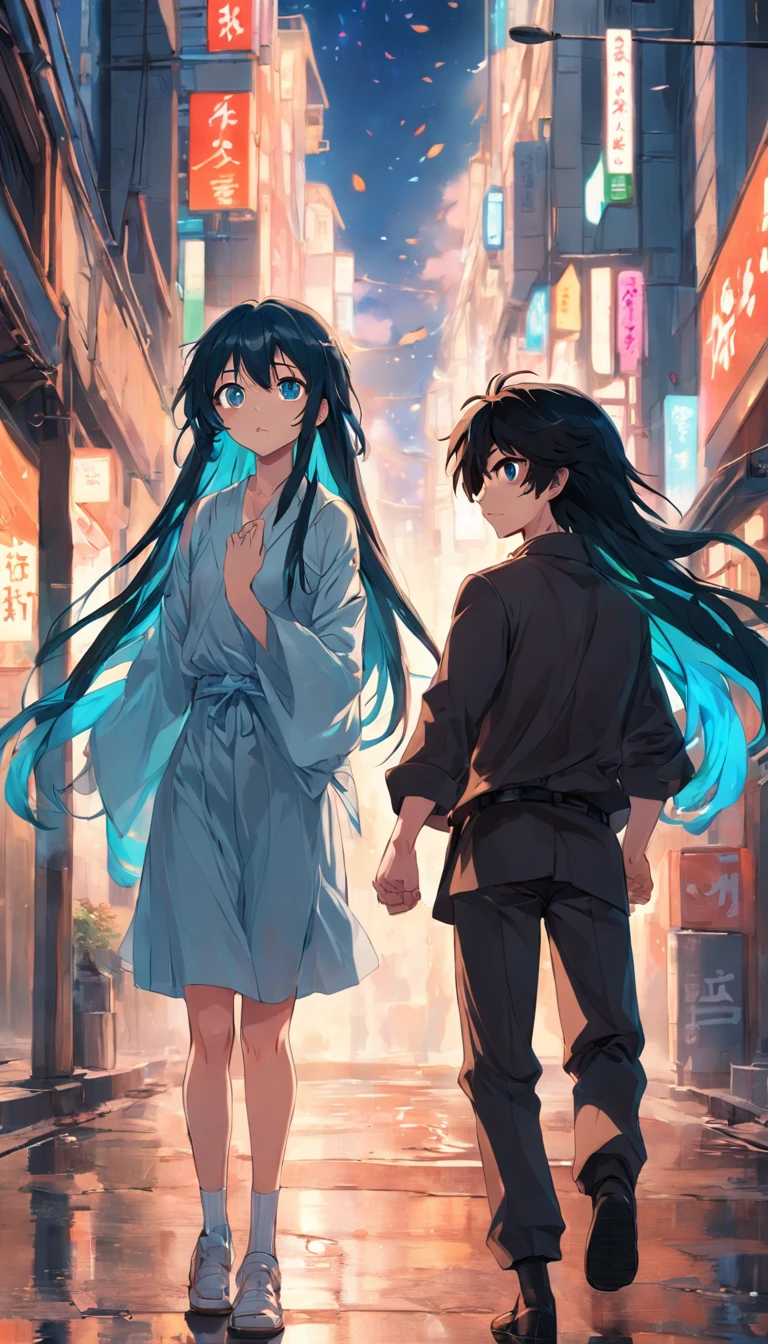 two guys walking down a street in tokyo, having fun, one black hair blue eyes, second brown long hair green eyes
