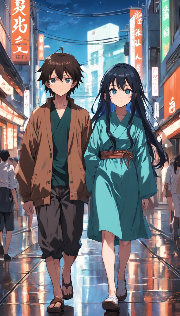 two guys walking down a street in tokyo, having fun, one black hair blue eyes, second brown long hair green eyes