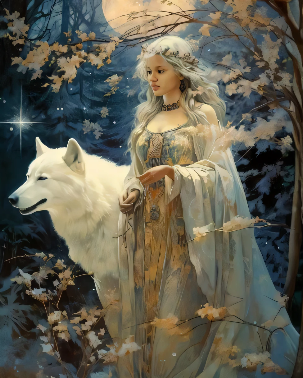 um close up de uma mulher em um vestido com um lobo, deusa do inverno, por Kinuko Y. craft, pintura de fantasia bonita, bela arte de fantasia, arte de fantasia muito bonita, Luthien, lobo branco, linda donzela fantasia, donzela bonita, arte de fantasia medieval, mulher da fantasia, Norse goddess, Directed by: Rebecca Guay, female anthropomorphic wolf, Arte de fantasia vintage