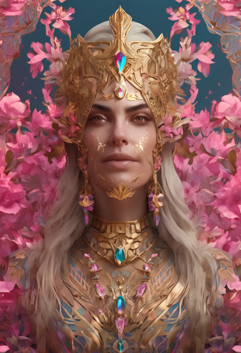 (chromaV5:1.2) (symmetry:1.1) (portrait of floral:1.05) a woman as a beautiful goddess, (assassins creed style:0.8), pink and gold and opal color scheme, beautiful intricate filegrid facepaint, intricate, elegant, highly detailed, digital painting, artstation, concept art, smooth, sharp focus, illustration, art by greg rutkowski and alphonse mucha, 8k