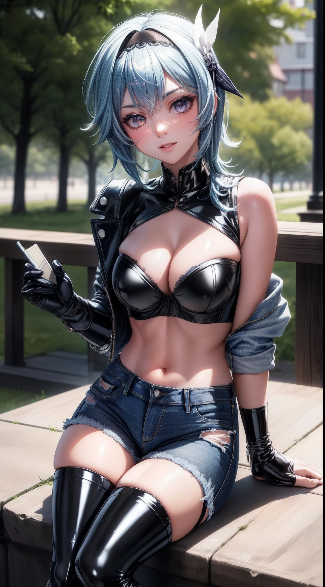 (Euladef:1.4), 8k, highres, ultra detailed, (masterpiece:1.4), best quality, symmetrical body, (jeans jacket:1.4), (black latex bandeau bra:1.4), (jeans shorts:1.4), (cotton overknee socks:1.4), big breasts, full body shot, cute, short hair, blue hair, amber eyes, detailed face, looking at viewer, smilling at viewer, dominant look, (seductive:1.4), sun, rim light, in the park