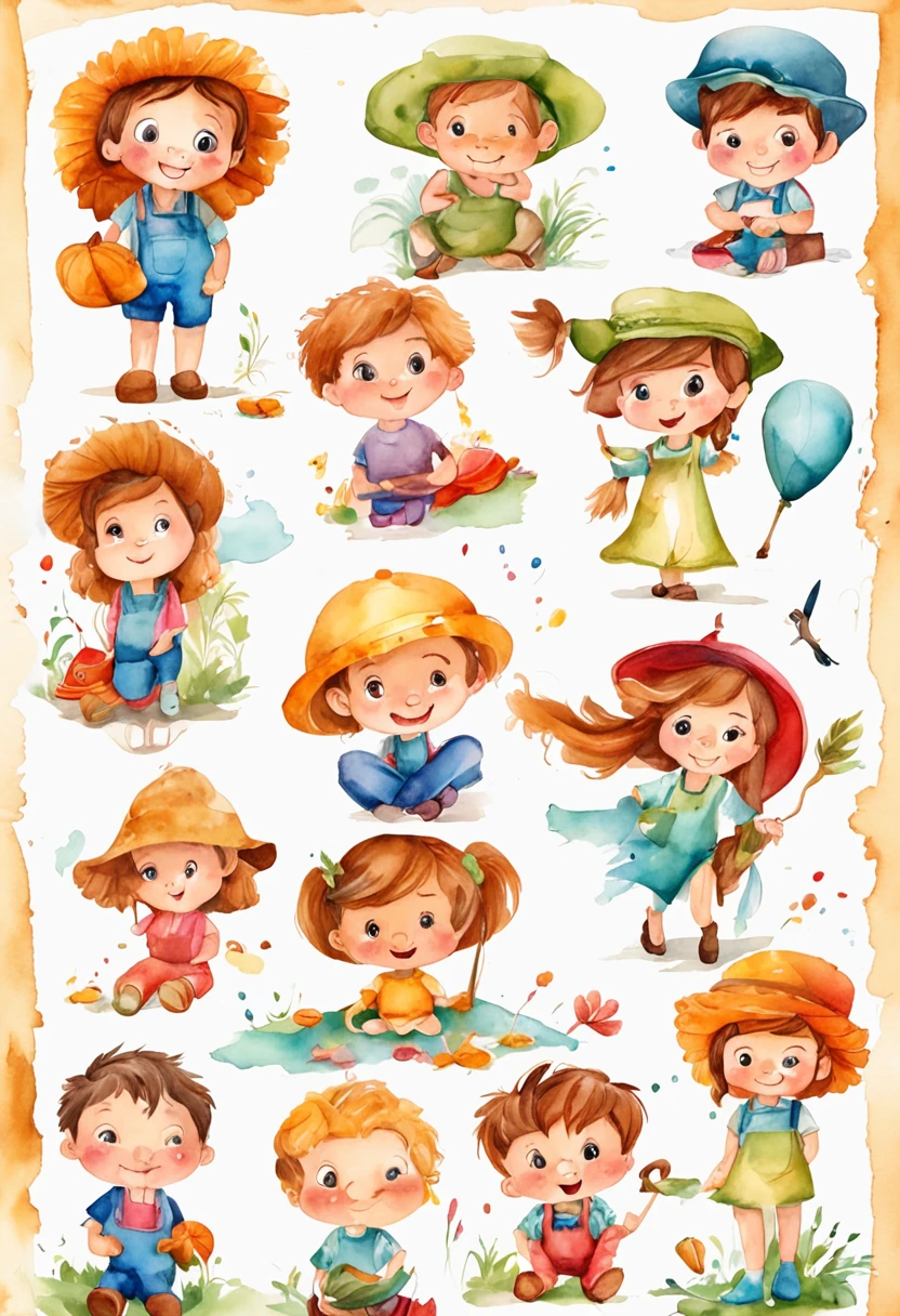  boy and littlecartoon cute characters, characters sheet, children book