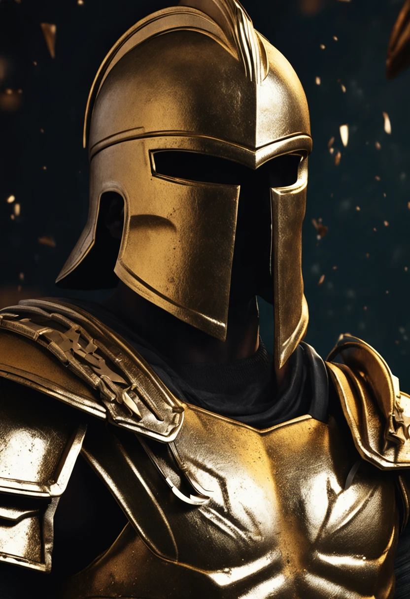 spartan warrior, gold armour,  no face, black background, epic, 8k, realistic