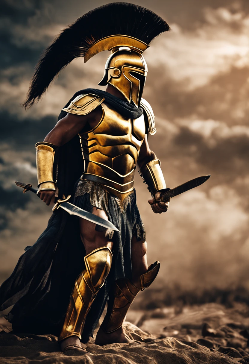 spartan warrior, gold armour,  no face, black background, epic, 8k, realistic