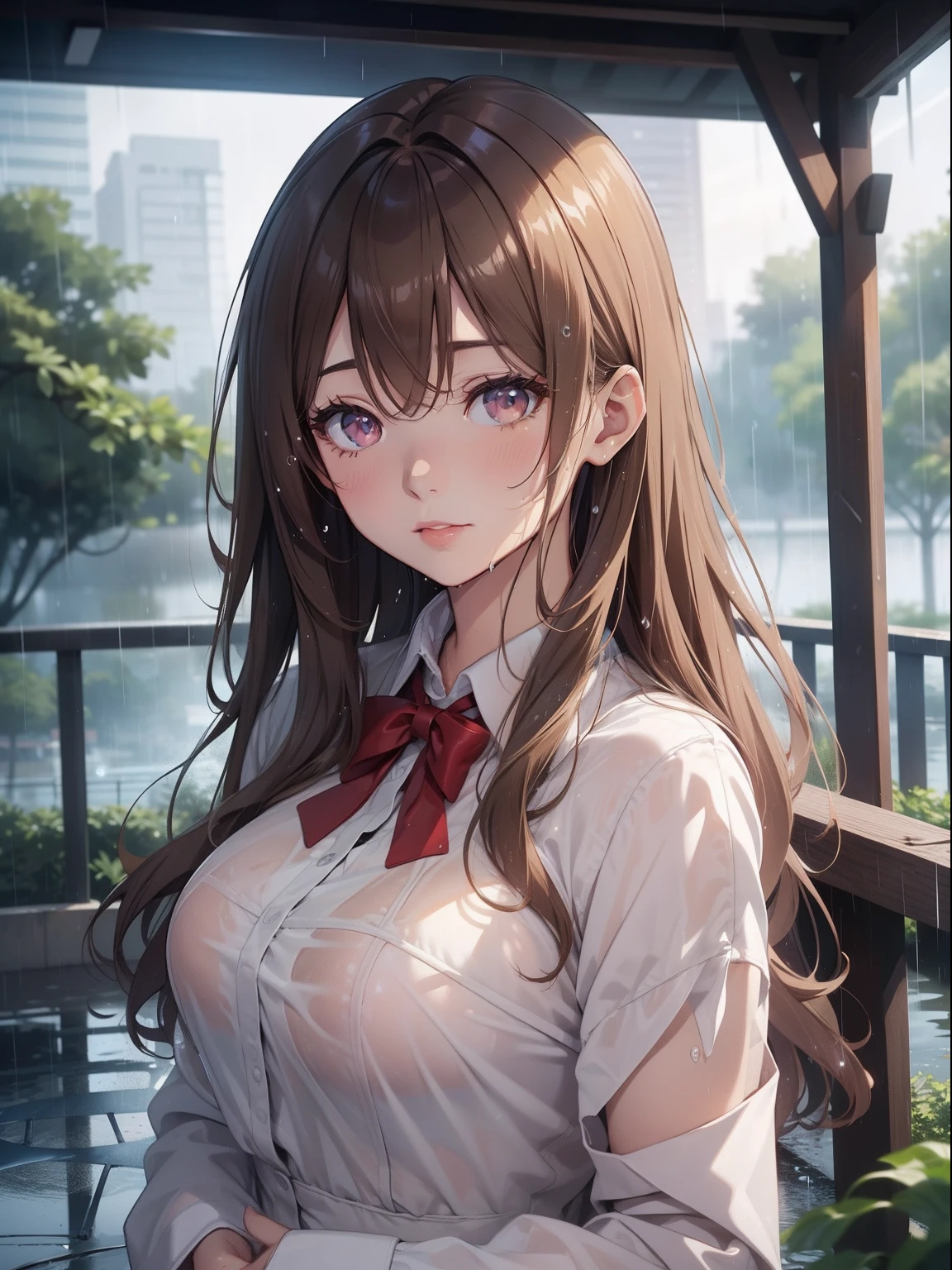 masutepiece, High resolution, 8K, anime woman, Delicate and detailed writing 、Detailed digital illustration、Very long hair and shiny、Bangs、a very beautiful woman、Eyes are double, Large, Bust is D cup、High image quality, High quality、Detailed background、Wearing a student uniform、early evening、rain is falling、Rain-soaked hair、Uniform wet in the rain、The inside of the eye shines like a diamond、4 fingers, 1 thumb、Detailed female face、I'm embarrassed、Very beautiful and cute woman、、细致背景、masterpiece、Soft Focus , Bright gradient watercolor , Lens Flare , Glitter , Glow , Dreamy , light brown hair、Wet in the rain, Clothes that cling to the body and pale pink underwear can be seen through、Heavy rain background、Beautiful water background