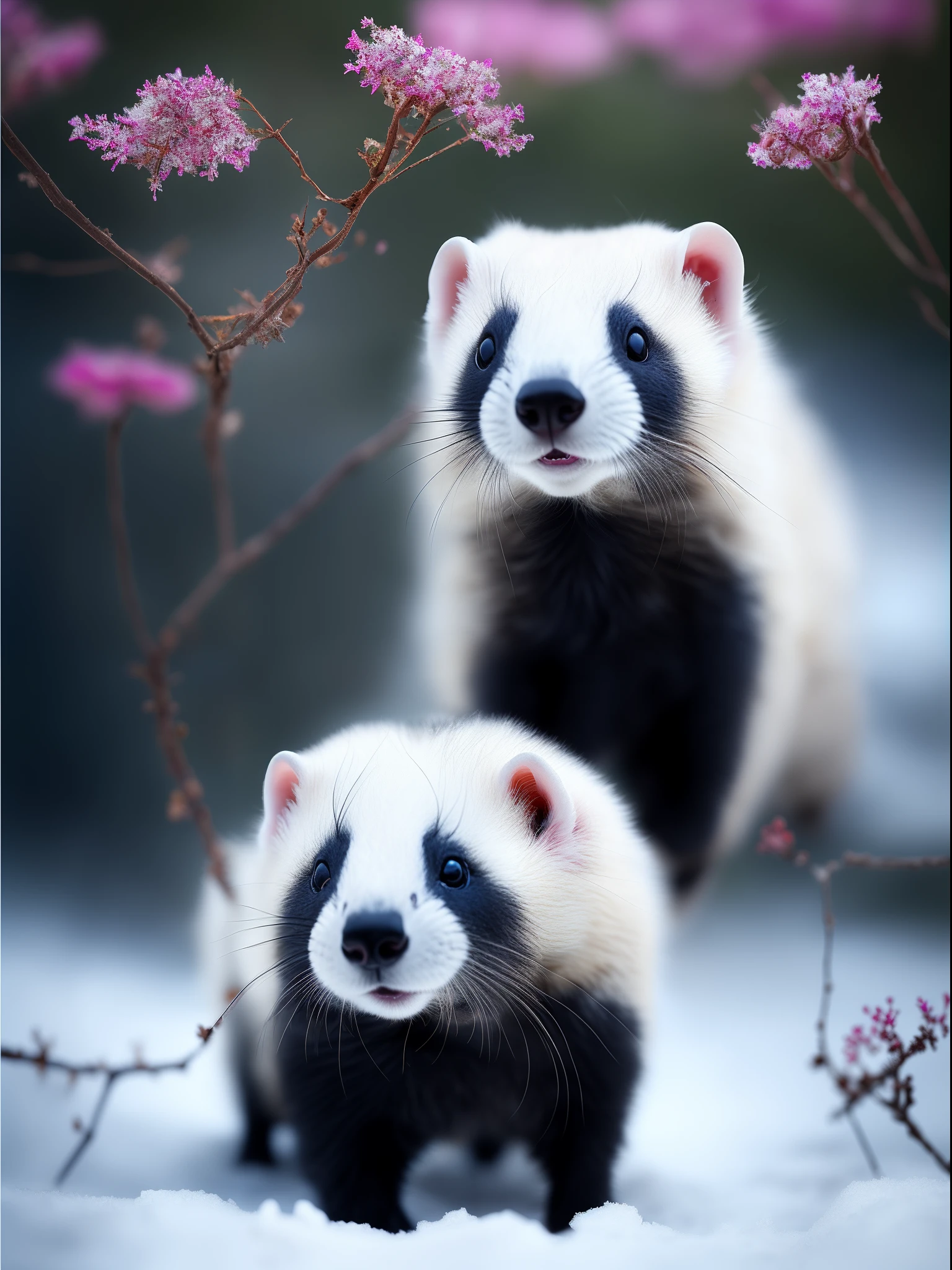 A white ferret stands on the snow,There is a ferret next to the dry branch,There are several pink flowers on the snow,It's snowing, RAW photo, (8K、top-quality、tmasterpiece:1.2)、(intricately details:1.4)、(Photorealsitic:1.4)、Complex 3D Rendering Ultra Detail, vibrant detail, super detailing, Photorealsitic