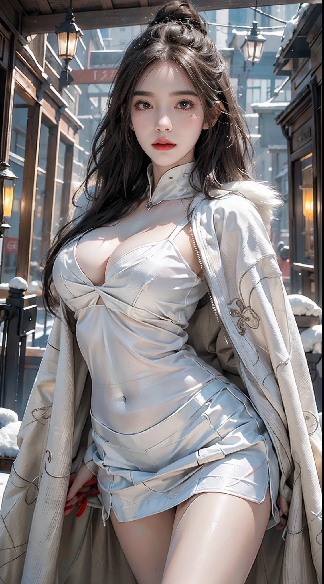 photorealistic, high resolution, soft light,1women, solo, hips up, shining skin, (detailed face), tattoo, White plush coat, fur coat,(Bright ta costume),(short skirt),(Heavy snow:1.5,snow cover