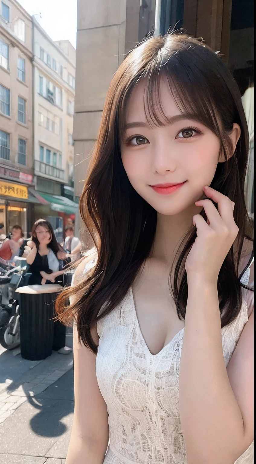 masutepiece, Best quality, illustration, Ultra-detailed, finedetail, A high resolution, 8K wallpaper, Perfect dynamic composition, Beautiful detailed eyes, doress,Medium hair, Mid-chest, Natural color lips, Random and sexy pose,Smile,Castle Peak Street sidewalk、20 years girl