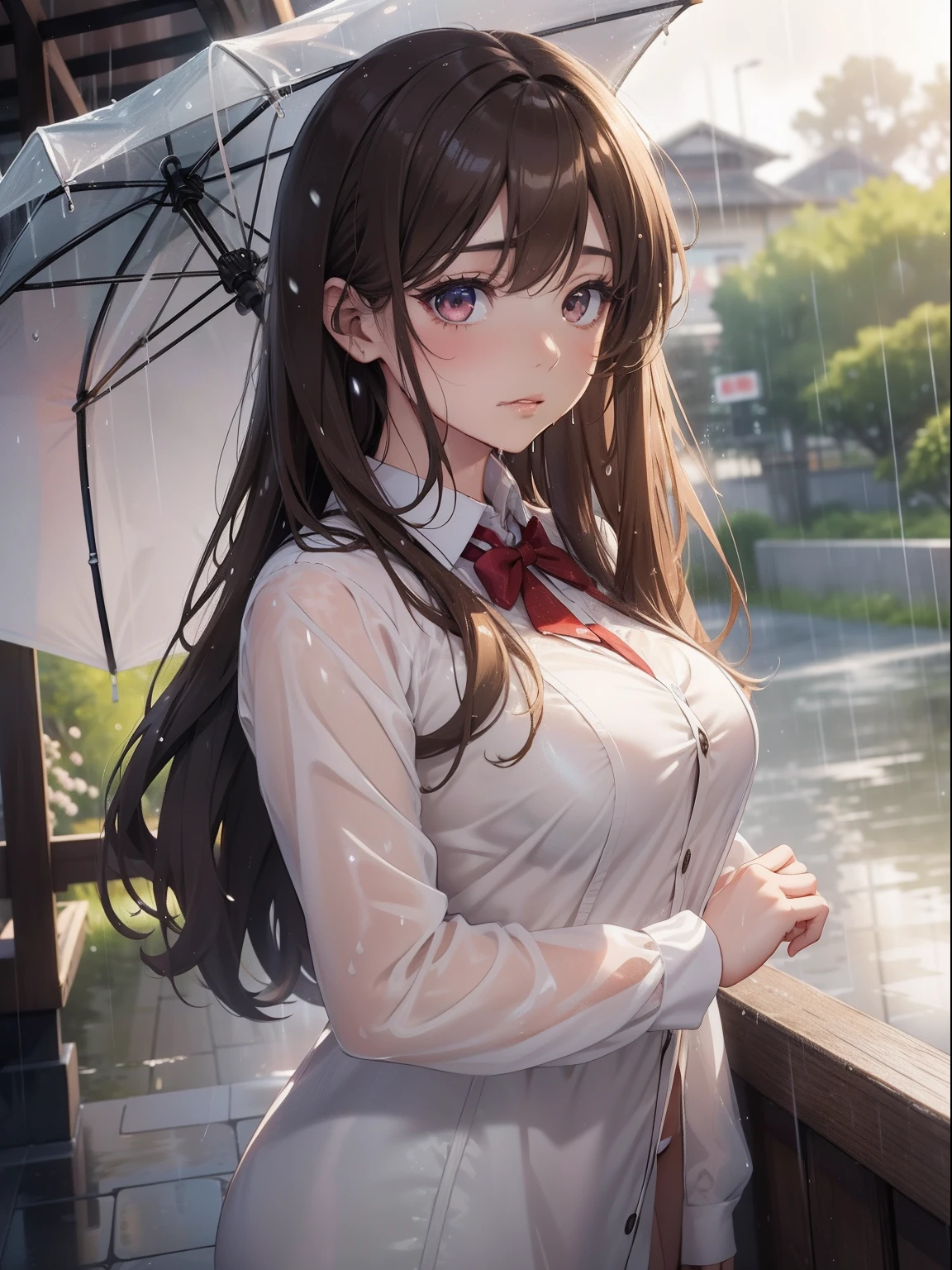 masutepiece, High resolution, 8K, anime woman, Delicate and detailed writing 、Detailed digital illustration、Very long hair and shiny、Bangs、a very beautiful woman、Eyes are double, Large, Bust is D cup、High image quality, High quality、Detailed background、Wearing a student uniform、early evening、rain is falling、Rain-soaked hair、Uniform wet in the rain、The inside of the eye shines like a diamond、4 fingers, 1 thumb、Detailed female face、I'm embarrassed、Very beautiful and cute woman、、细致背景、​masterpiece、Soft Focus , Bright gradient watercolor , Lens Flare , Glitter , Glow , Dreamy , light brown hair、Wet in the rain, Clothes that cling to the body and pale pink underwear can be seen through、Heavy rain background、Beautiful water background