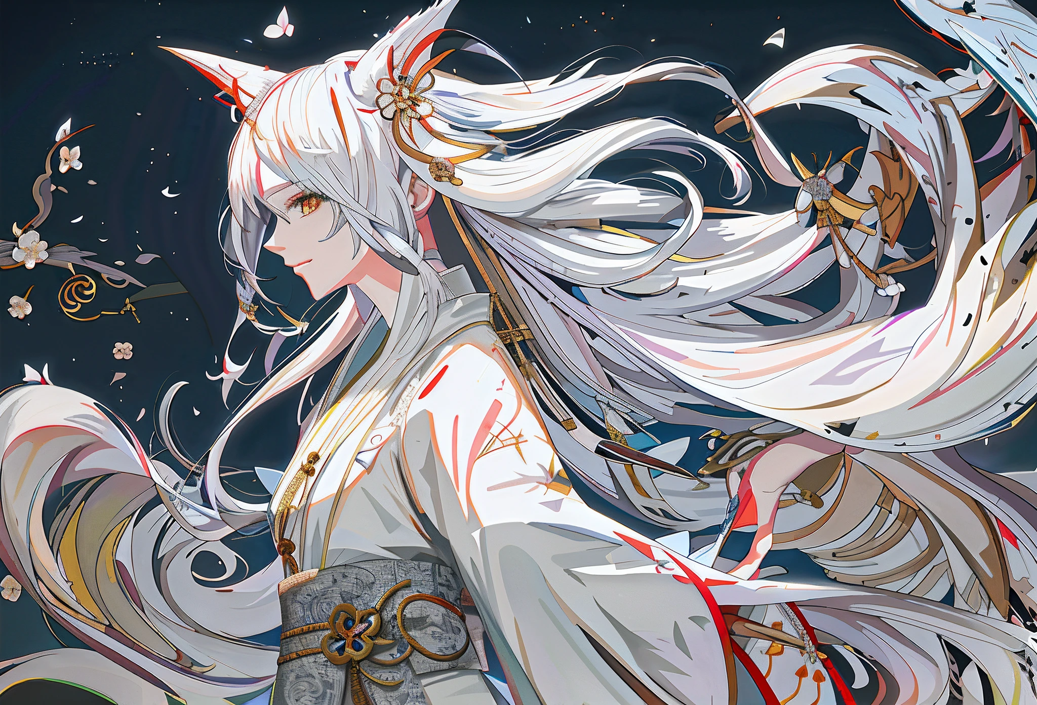 Anime girl with long white hair and white dress holding sword, Onmyoji detailed art, white-haired god, onmyoji portrait, White-haired fox, trending on artstation pixiv, onmyoji, Keqing from Genshin Impact, by Yang J, Anime art wallpaper 8 K, Detailed digital anime art, zerochan art, From Arknights