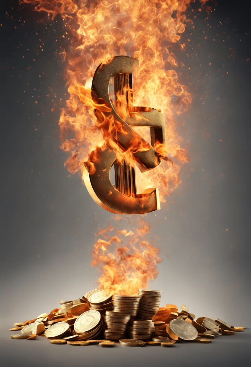(Professional 3D rendering:1.3) de (Realistic:1.3) money catching fire with smoke and fire, textura de papel forte ultrarealismo