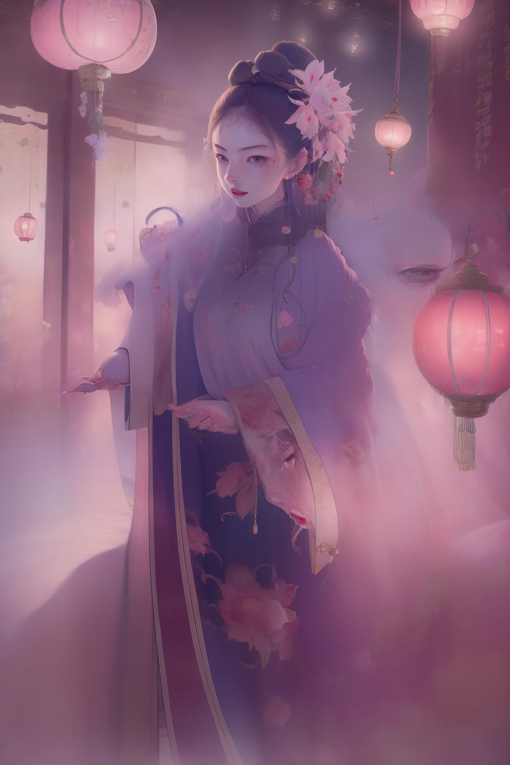 Masterpiece, otherworldly beauty, Surreal, Chinese Ghost Festival,Middle Metaverse,The mysterious aura of ghosts, full bodyesbian,Back shadow,Full body like,nigth,Countless lanterns in the sky,Large and small lanterns,8K high resolution, smooth, Sharp focus, illustration, 64k, Ultra detailed, ultra-precise detail, bokeh lighting, Intricate, Epic,The facial features are three-dimensional and clear,His face turned pale,no feet,Blood-red mouth