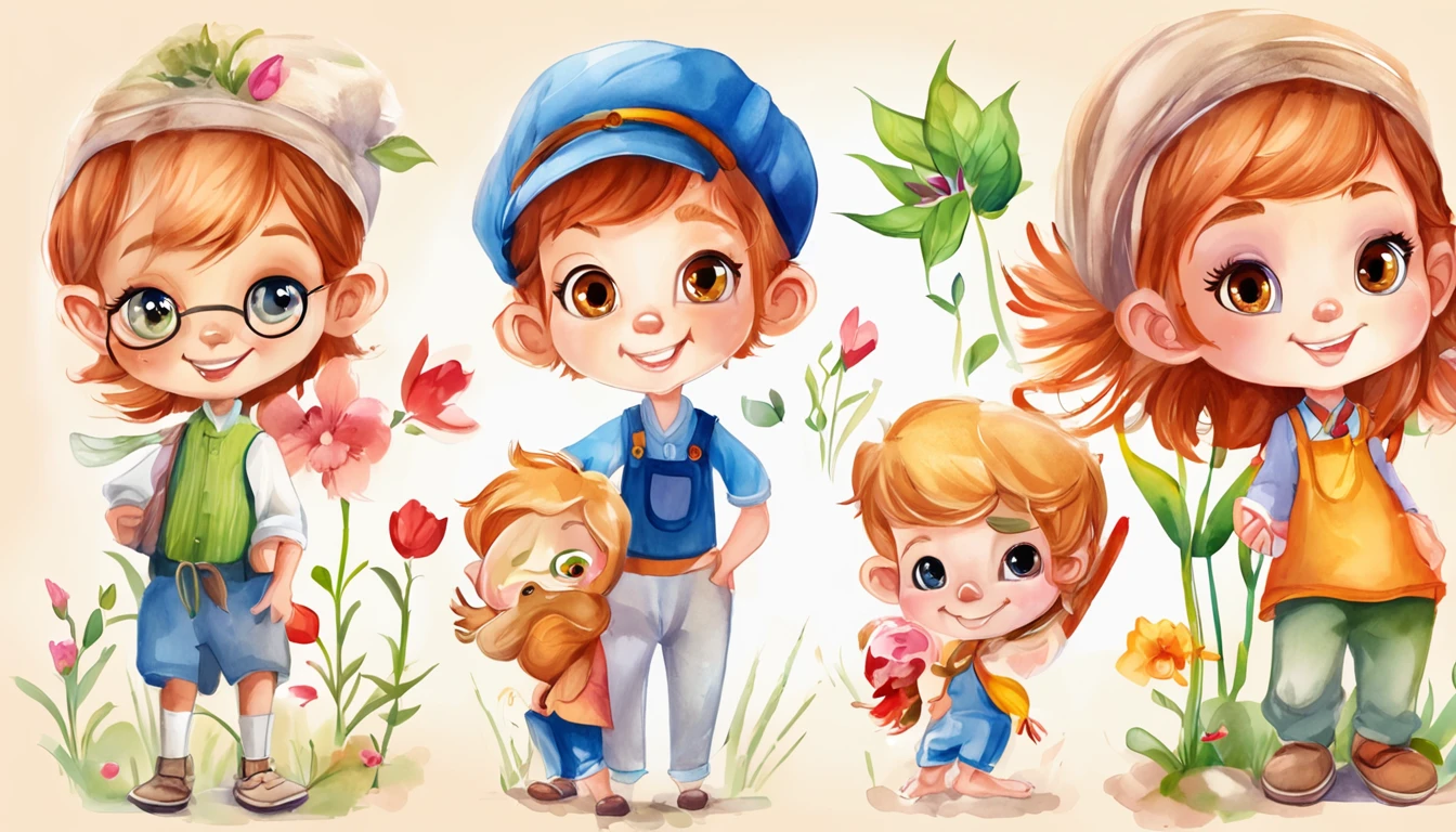 and little girute characters, characters sheet, children book,fresh flowers,Colorful colorful,Transparent colorful wings, Magic wand,closeup cleavage,Light attenuation,Glow effects,depth of fields,high light,Real light,Ray traching,oc rendered,Hyper-realistic,best qualtiy,8K,Works of masters,super-fine,Detailed pubic hair,Correct anatomy,sharp focus on eyes,Bokeh,Facial features are carefully depicted