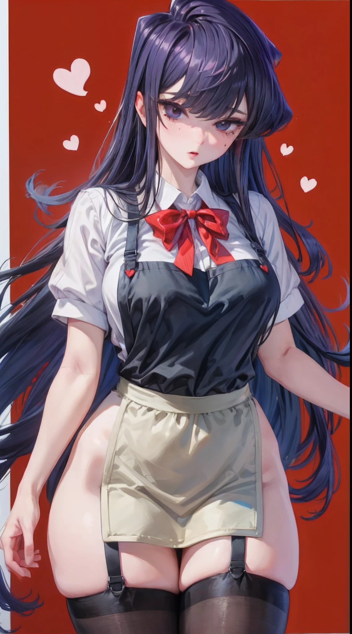 komi shouko,pixal style ,(A white border around a dark red rectangular background:2.5),aprons,D-cups,ahegao,black lence stockings,High detail,Moles under eyes, Heart-shaped pupils,Love pupils,Fleshy thighs,highly rendered,detailed face with