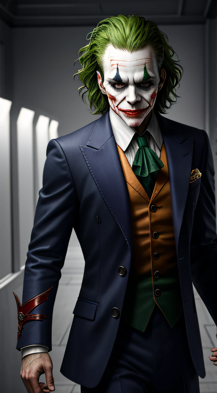 (8k, RAW photo, best quality, masterpiece:1.2), ultra detailed, official art, photo-realistic:1.37, upper body shot, DC Joker, film grain, action pose