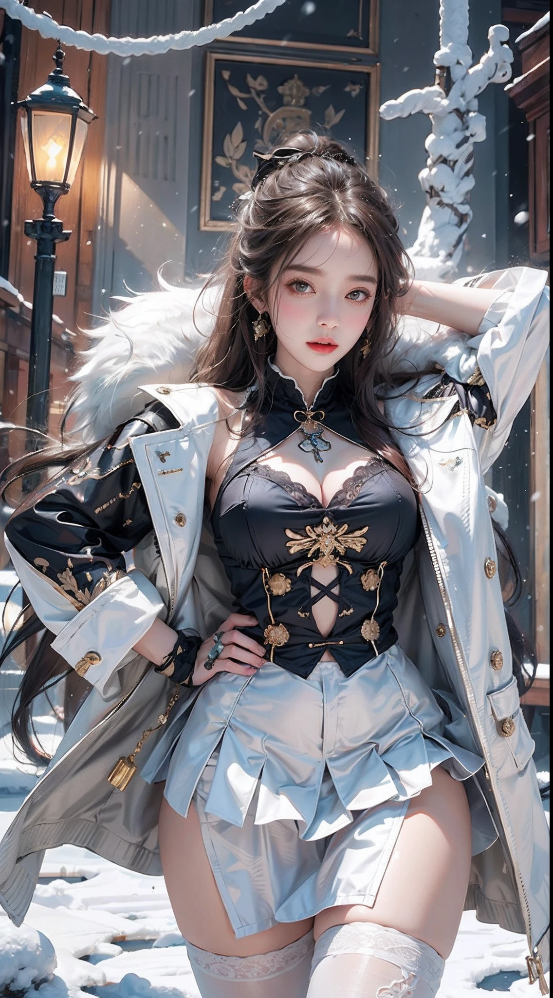 photorealistic, high resolution, soft light,1women, solo, hips up, shining skin, (detailed face), tattoo, White plush coat, fur coat,(Bright Lolita costume),(short skirt),(Heavy snow:1.5,snow cover, blode hair