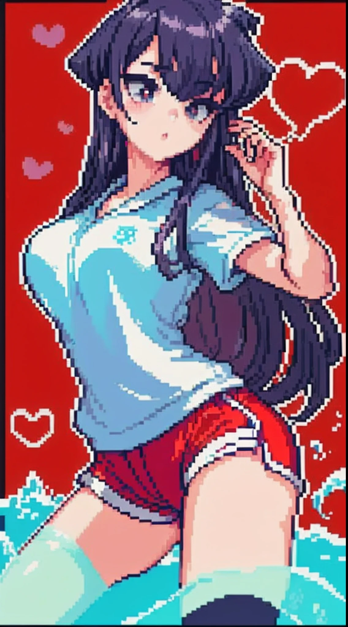 komi shouko,pixal style ,(A white border around a dark red rectangular background:2.5),swimming uniform,D-cups,Ultra shorts,black lence stockings,High detail,Moles under eyes, Heart-shaped pupils,Love pupils,Fleshy thighs,highly rendered,detailed face with