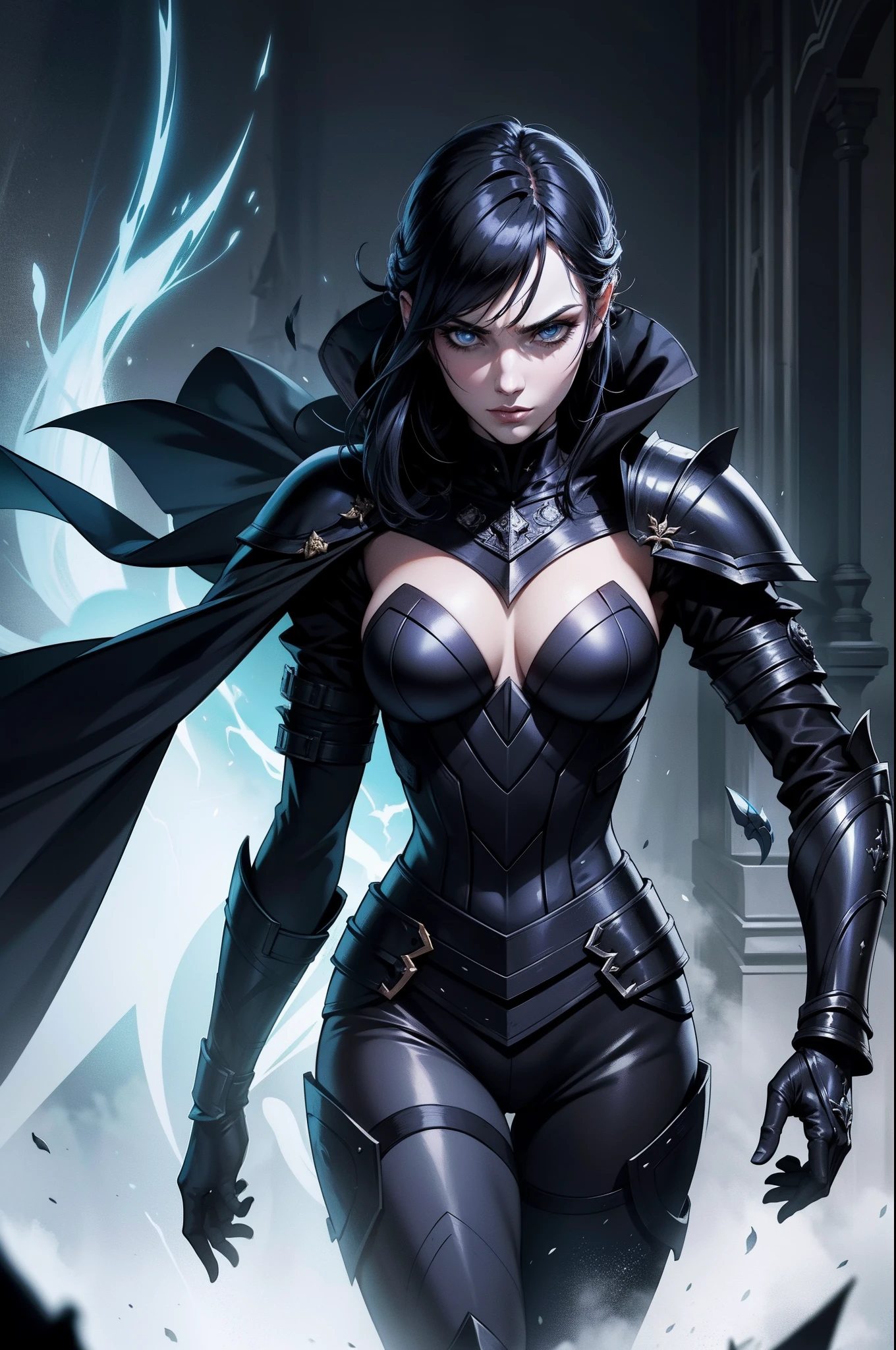Legion of the Phantom Spectre wearing black and blue gothic armor, bem detalhada, espada e escudo, fluttering cover, com dos olhos azuis, Gothic city, cripta, 8k, Magnificent posture, poderosa e imponente, escuro, maligno, Multiple characters in the image, army marching to war, Army prepares to fight, Ghost Spectre sendo seguido por Legion of Ghost Spectre