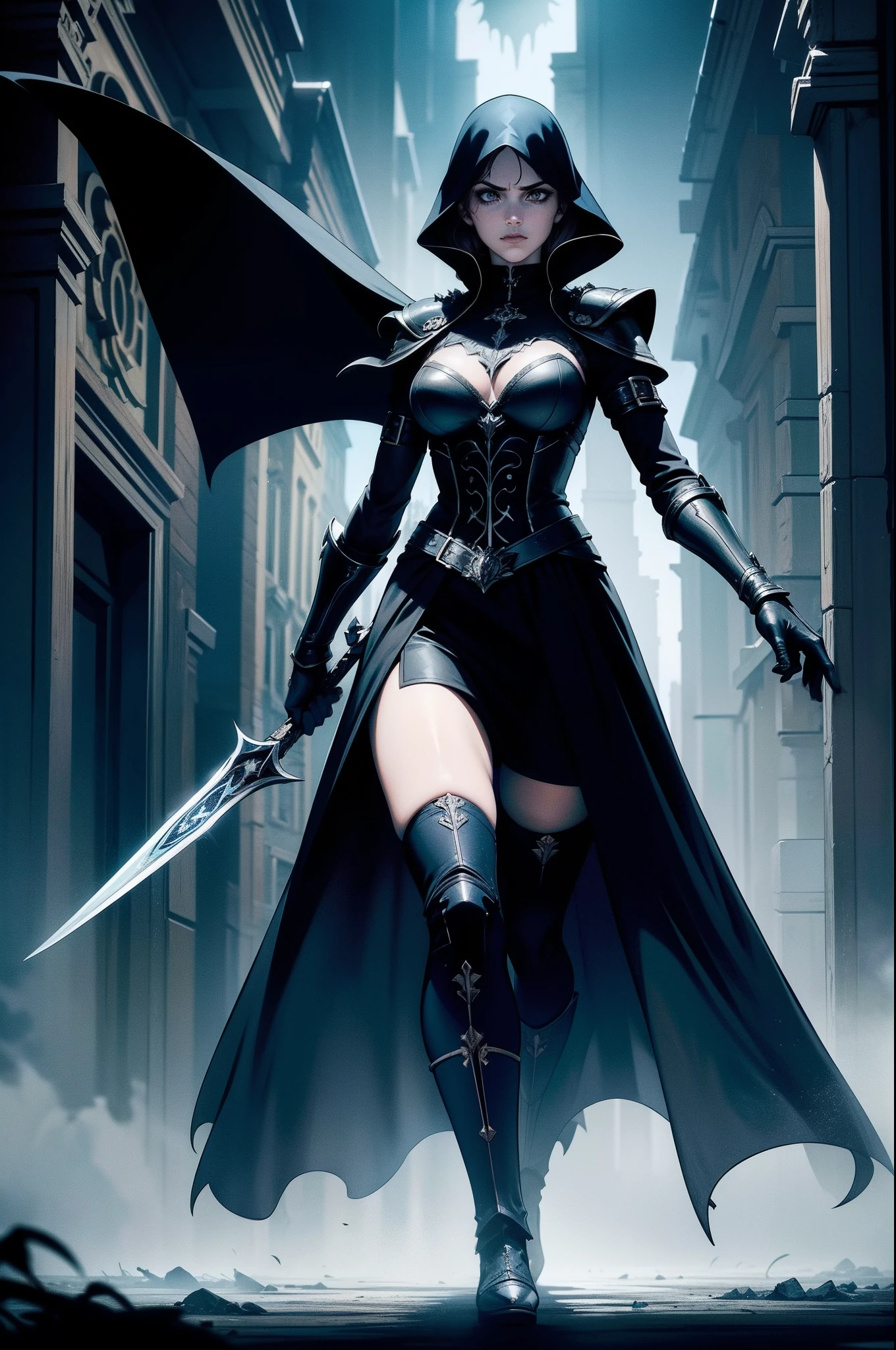 Legion of the Phantom Spectre wearing black and blue gothic armor, bem detalhada, espada e escudo, fluttering cover, com dos olhos azuis, Gothic city, cripta, 8k, Magnificent posture, poderosa e imponente, escuro, maligno, Multiple characters in the image, army marching to war, Army prepares to fight, Ghost Spectre sendo seguido por Legion of Ghost Spectre
