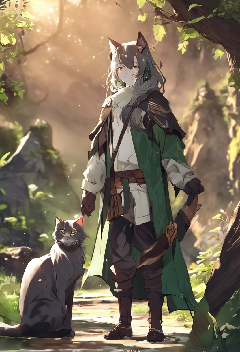 cat ear,femele,Green eyes,Long brown hair,Tall and tall,mature,big breasts beautiful,Master of swordsmanship,Background mountain forest