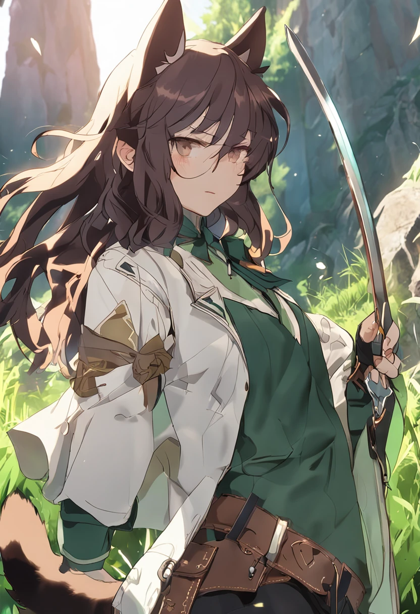 cat ear,femele,Green eyes,Long brown hair,Tall and tall,mature,big breasts beautiful,Master of swordsmanship,Background mountain forest