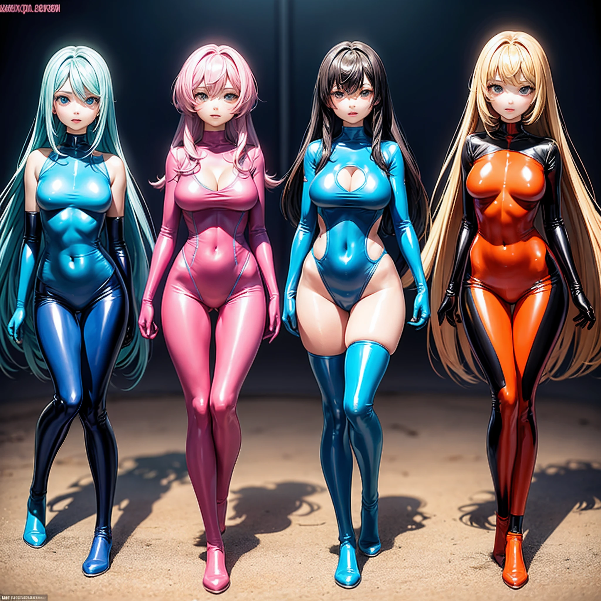 Four beautiful girls，Wearing a colorful tight-fitting latex suit，Except for the face, all parts of the body are tightly wrapped，Big chest，The legs are slender,sideways standing