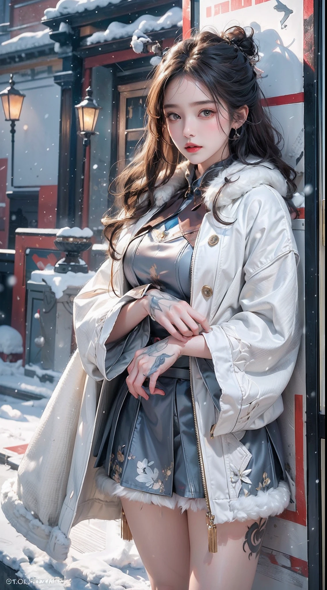 photorealistic, high resolution, soft light,1women, solo, hips up, shining skin, (detailed face), tattoo, White plush coat, fur coat，(Bright Lolita costume)，(short  skirt)，（Heavy snow：1.5，snow cover, blode hair