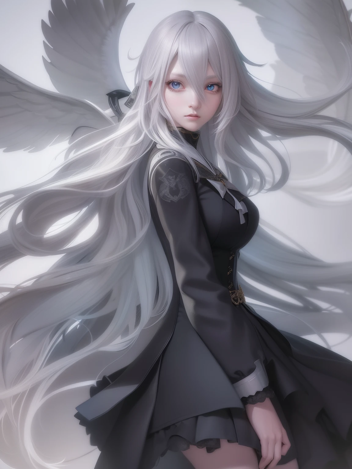 In anime girl with blue eyes and long hair、Feathers are flying around, Stunning anime face portrait, detailed portrait of an anime girl, Beautiful Anime Portrait, girl with white eyes, Detailed Digital Anime Art, Girl with white hair, digital anime art, Beautiful Anime Face, Portrait Anime Girl, Beautiful anime girl, Eyes that glow white, perfect gray hair girl, Full body drawing of an anime girl