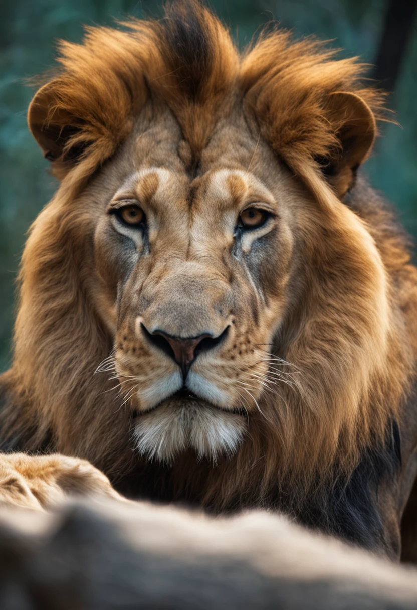 Foto RAW, A close-up portrait of a roaring lion, majestoso, Background is the African jungle, The lion seems dominant and assertive, 8k UHD, DSLR, soft lighting, alta qualidade, filmic grain