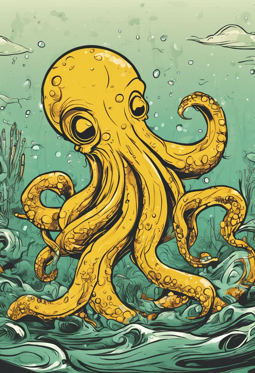 Create an image of a yellow octopus like Garfield on a green background